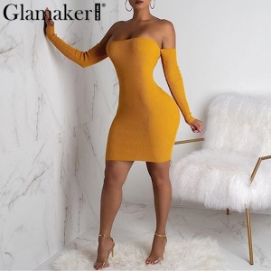 Glamake Sexy knitted off shoulder bodycon dress Women backless lace up mini dress elegant Female autumn party club dress vestido Red yellow